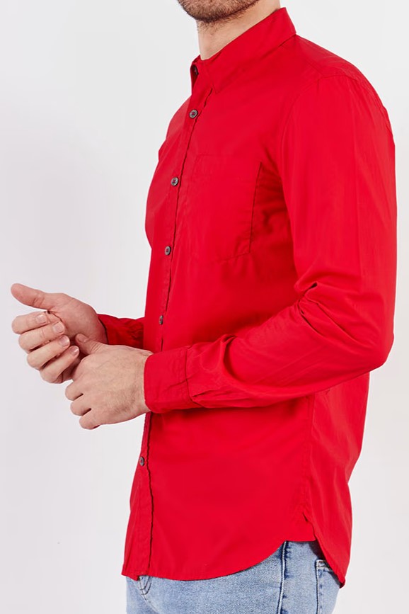French Connection, Men Spread Collar Long Sleeves Plain Casual Shirt, Red