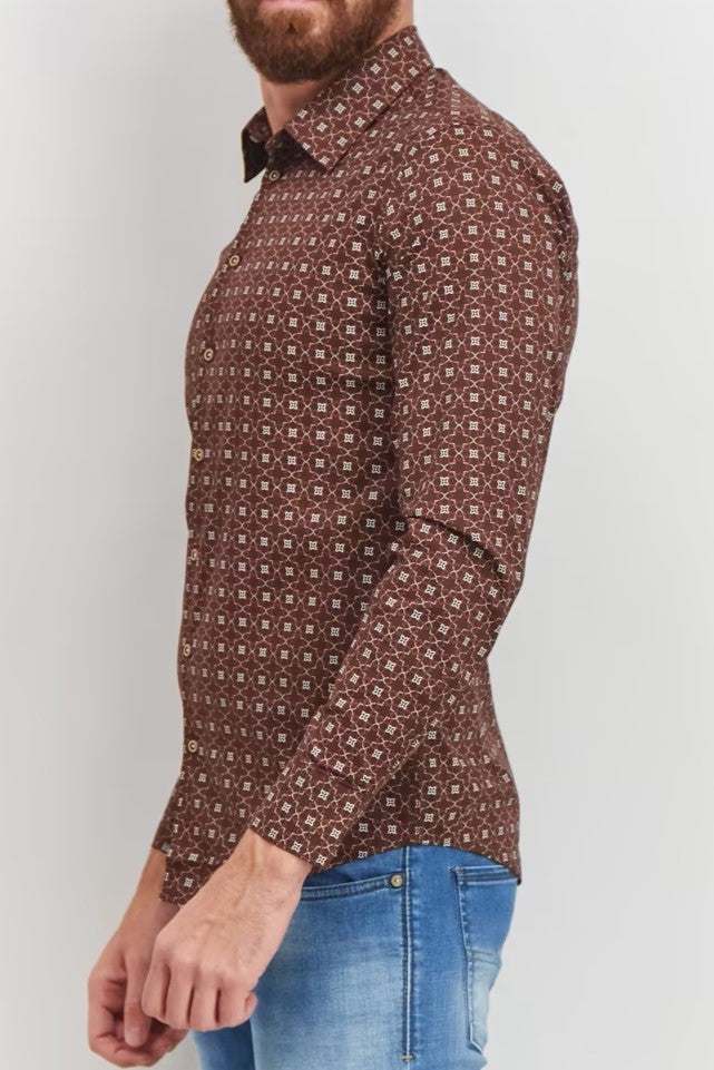 Sorbino, Men Stretch Fit Allover Print Long Sleeve Casual Shirt, Brown Combo
