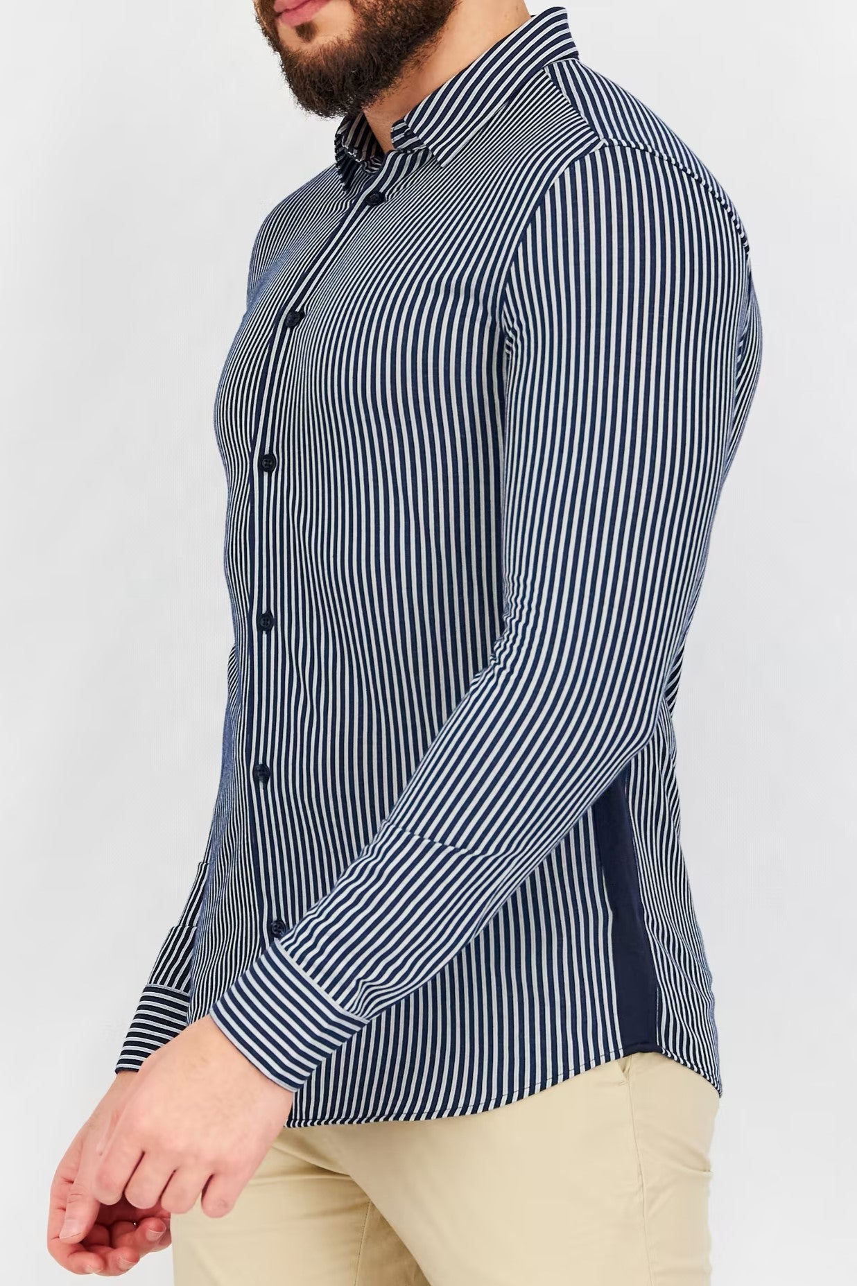 Jack & Jones, Men Slim Fit Long Sleeve Stripe Casual Shirt, Navy Blue/White