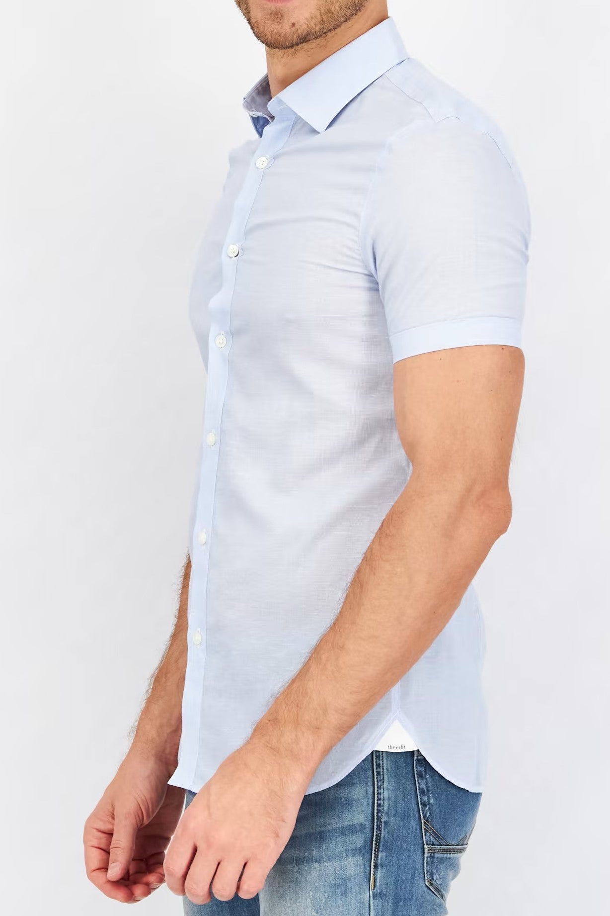 Selected, Men Slim Fit Textured Short Sleeves Casual Shirt, Light Blue