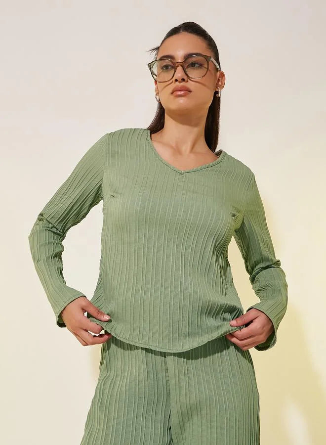 Textured V Neck Long Sleeve Top and Pants Co-Ords