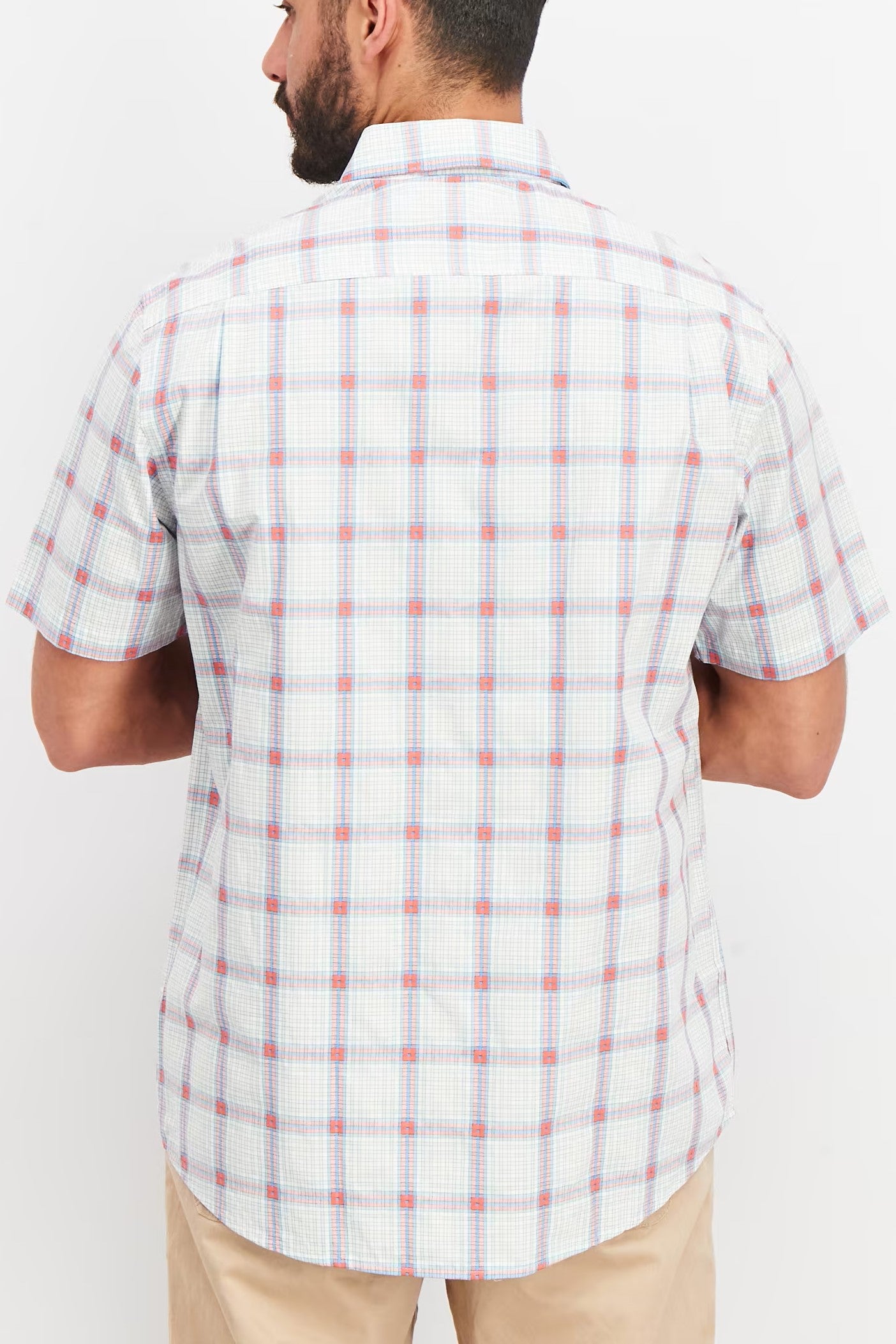 Club Room, Men Regular Fit Windowpane Short Sleeve Casual Shirt, White/Coral Combo